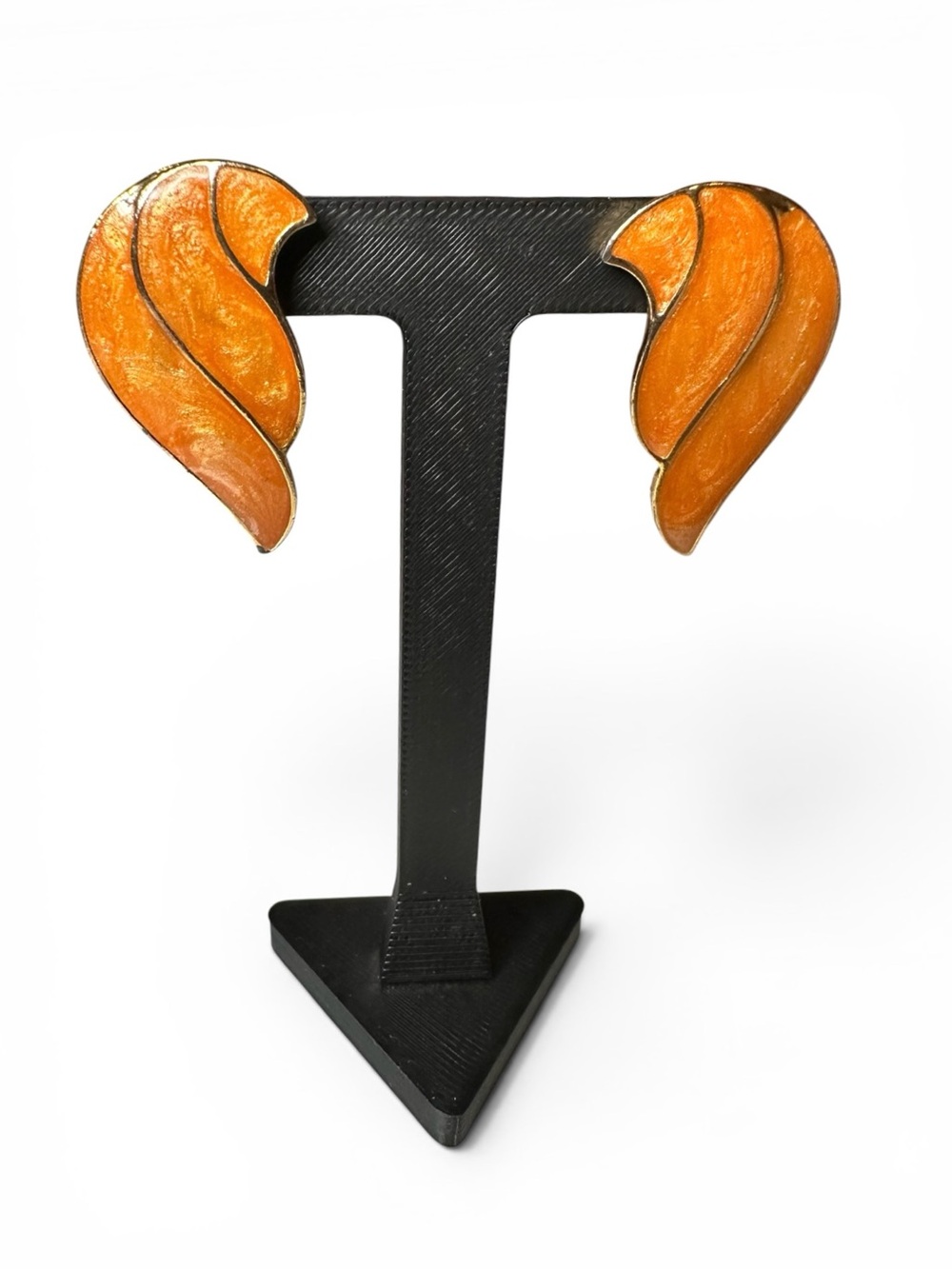 Vintage Orange Enamel Leaf Statement Earrings Gold Tone Abstract Organic Design